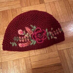 French Knot Crimson Floral Hat NWT
